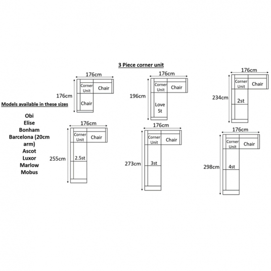 3 Piece Corner Unit  -Size Guide (approximate sizes illustrated) Birkdale Designs