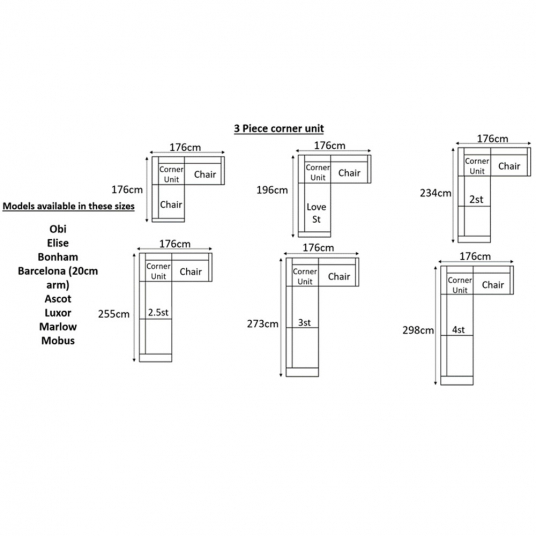 3 Piece Corner Unit  -Size Guide (approximate sizes illustrated) Birkdale Designs