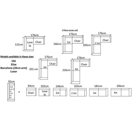 2 Piece Corner Unit  - Size Guide (Approximate sizes illustrated) Birkdale Designs